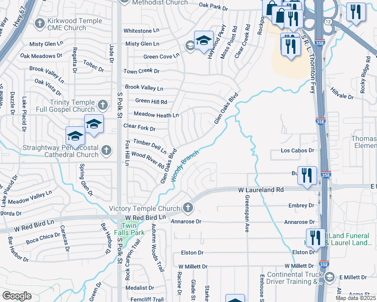 map of restaurants, bars, coffee shops, grocery stores, and more near 614 Glen Oaks Boulevard in Dallas