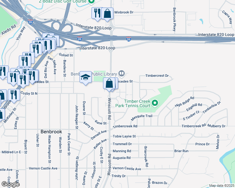 map of restaurants, bars, coffee shops, grocery stores, and more near 967 Winscott Road in Benbrook