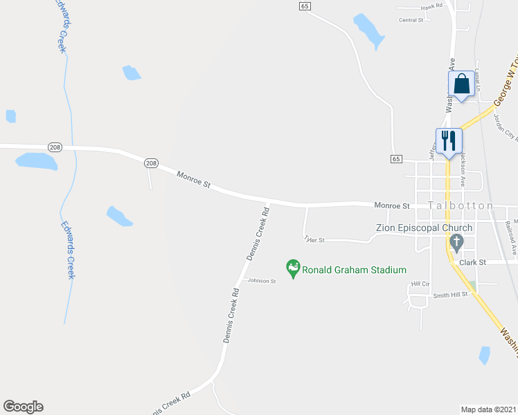map of restaurants, bars, coffee shops, grocery stores, and more near 681 Monroe Street in Talbotton
