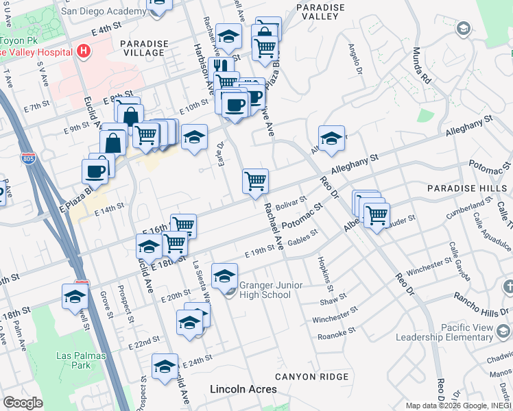 map of restaurants, bars, coffee shops, grocery stores, and more near 3106 East 16th Street in National City