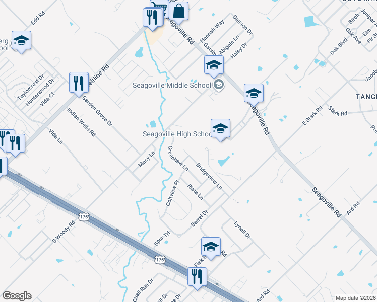 map of restaurants, bars, coffee shops, grocery stores, and more near 14217 Bridgeview Lane in Dallas