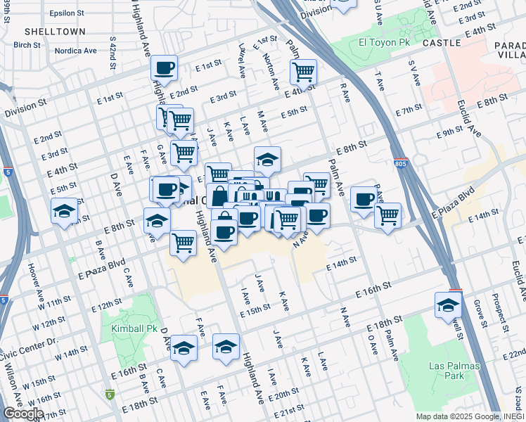 map of restaurants, bars, coffee shops, grocery stores, and more near 1145 East Plaza Boulevard in National City