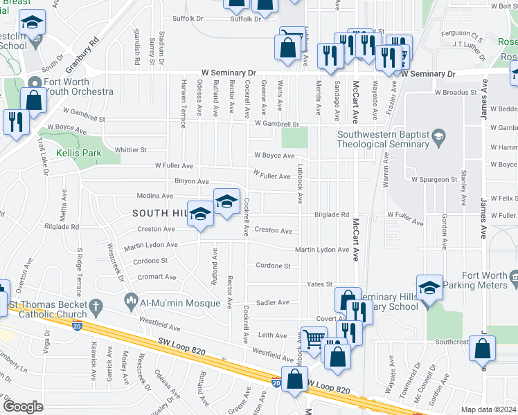 map of restaurants, bars, coffee shops, grocery stores, and more near 4766 Greene Avenue in Fort Worth