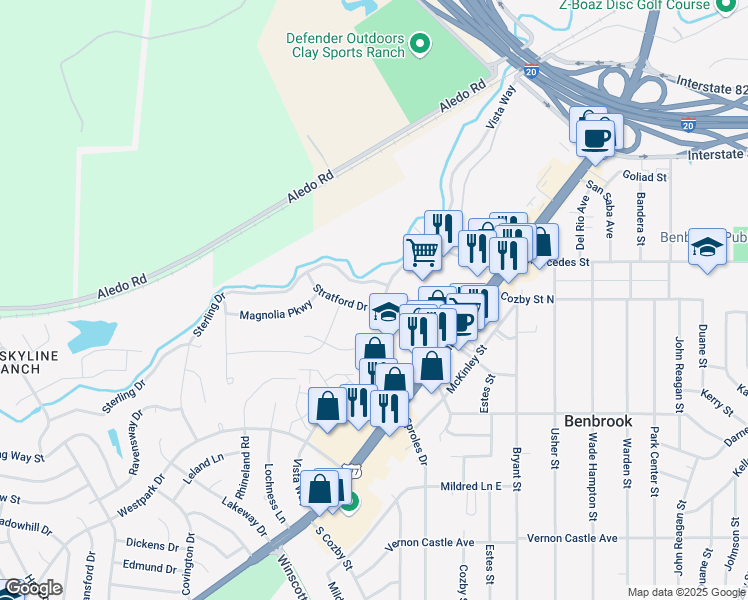 map of restaurants, bars, coffee shops, grocery stores, and more near 300 Stratford Drive in Benbrook