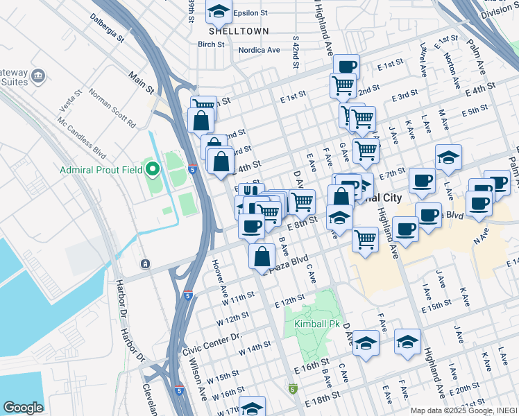map of restaurants, bars, coffee shops, grocery stores, and more near 620 A Avenue in National City