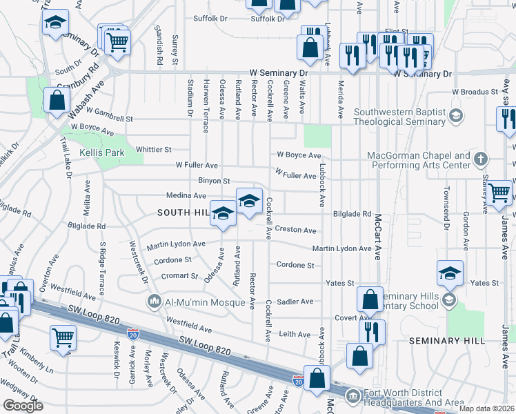 map of restaurants, bars, coffee shops, grocery stores, and more near 4771 Rector Avenue in Fort Worth
