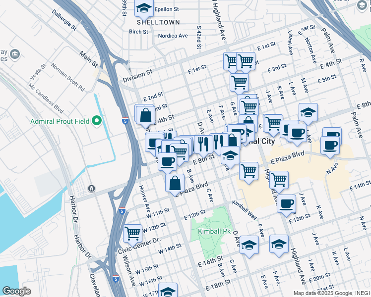 map of restaurants, bars, coffee shops, grocery stores, and more near 203 East 7th Street in National City