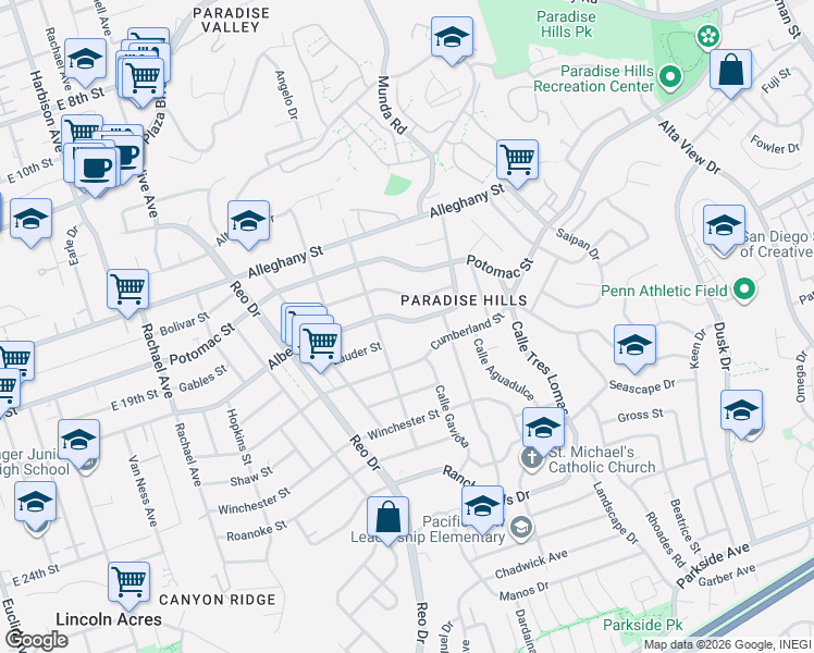 map of restaurants, bars, coffee shops, grocery stores, and more near 6051 Albemarle Street in San Diego