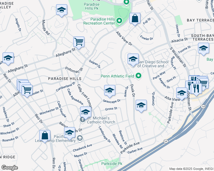map of restaurants, bars, coffee shops, grocery stores, and more near 6385 Viewpoint Drive in San Diego