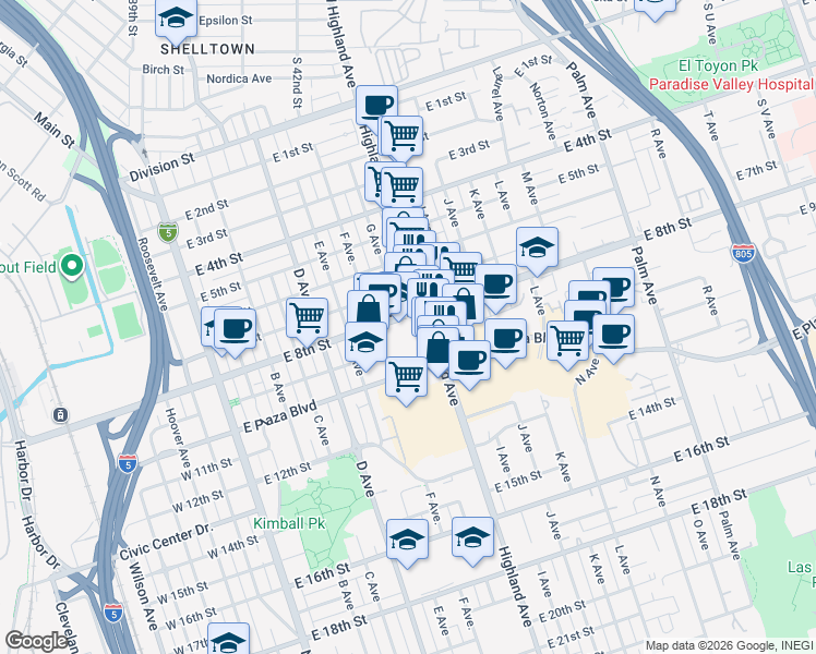map of restaurants, bars, coffee shops, grocery stores, and more near in National City