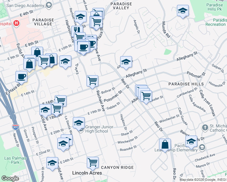 map of restaurants, bars, coffee shops, grocery stores, and more near 2150 Flintridge Drive in San Diego