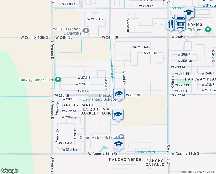 map of restaurants, bars, coffee shops, grocery stores, and more near 2755 South 45th Drive in Yuma
