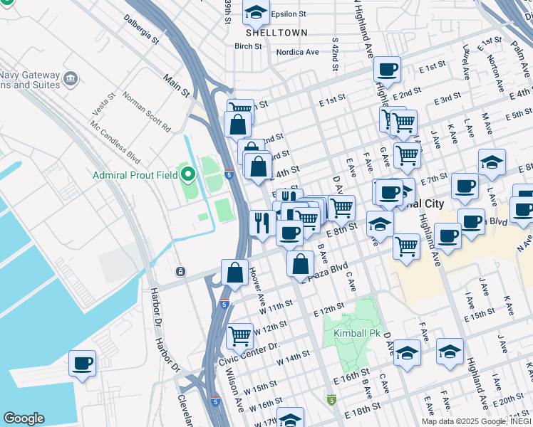 map of restaurants, bars, coffee shops, grocery stores, and more near 540 National City Boulevard in National City