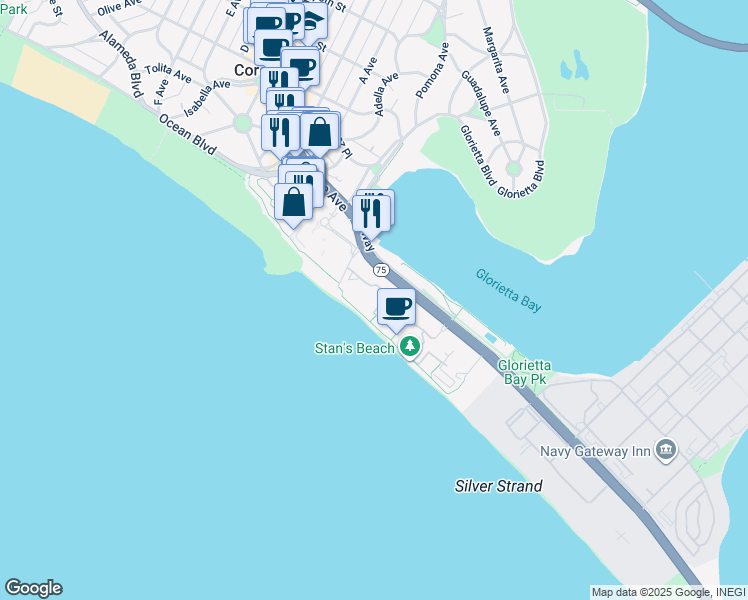 map of restaurants, bars, coffee shops, grocery stores, and more near 1730 Avenida Del Mundo in Coronado