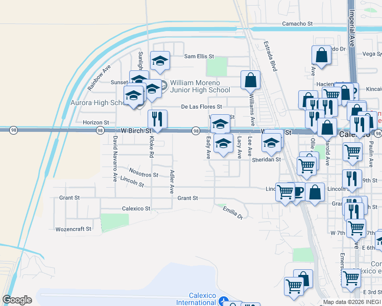 map of restaurants, bars, coffee shops, grocery stores, and more near 249 West US Highway 98 in Calexico