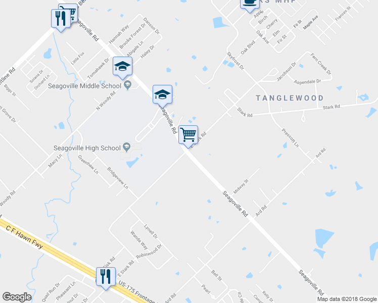 map of restaurants, bars, coffee shops, grocery stores, and more near 16201 Seagoville Road in Dallas