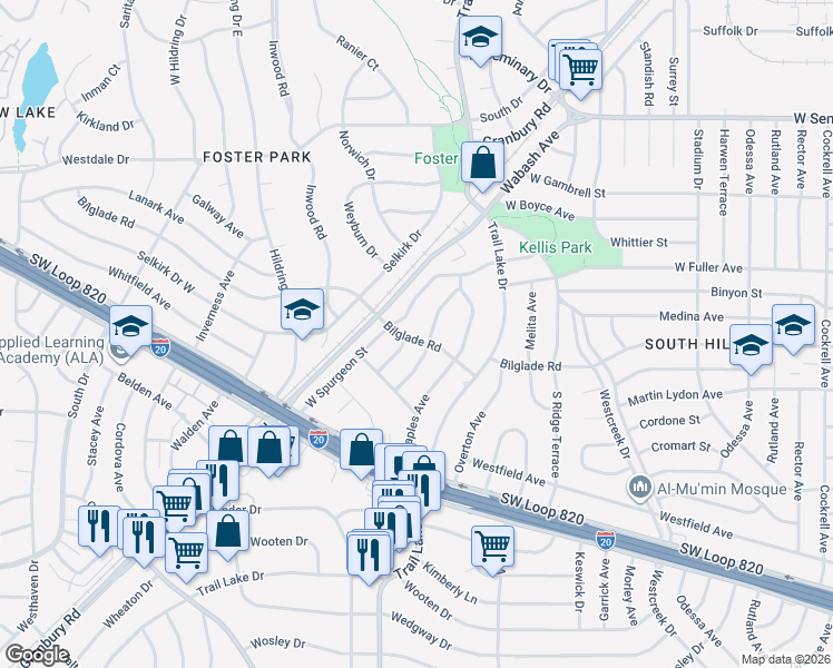 map of restaurants, bars, coffee shops, grocery stores, and more near 3812 Bilglade Road in Fort Worth