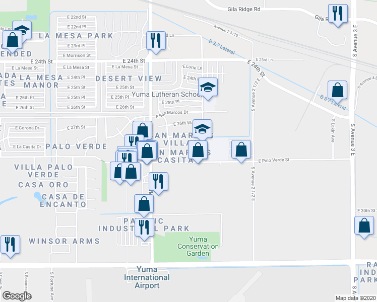 map of restaurants, bars, coffee shops, grocery stores, and more near 2252 East 27th Lane in Yuma