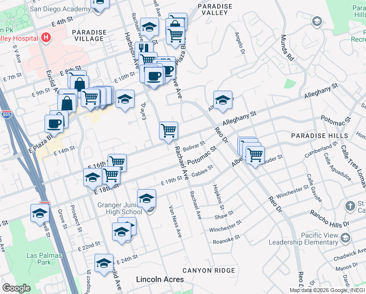 map of restaurants, bars, coffee shops, grocery stores, and more near 5527 Bolivar Street in San Diego
