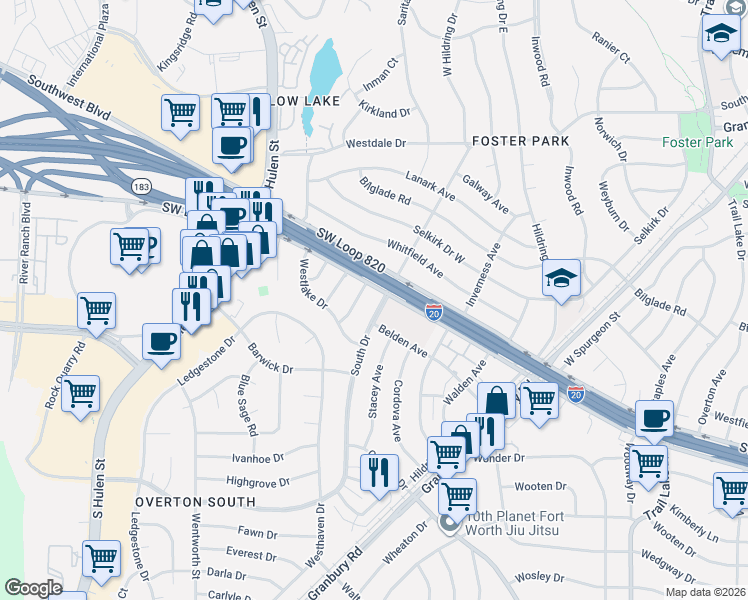 map of restaurants, bars, coffee shops, grocery stores, and more near 4804 South Drive in Fort Worth