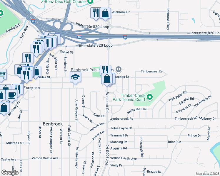 map of restaurants, bars, coffee shops, grocery stores, and more near 967 Winscott Road in Benbrook