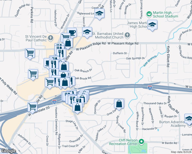map of restaurants, bars, coffee shops, grocery stores, and more near 5404 Oak Brook Road in Arlington