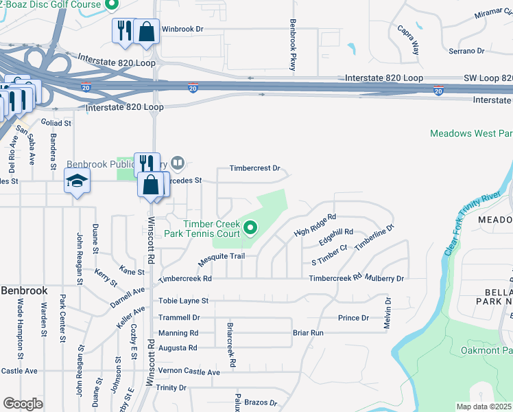 map of restaurants, bars, coffee shops, grocery stores, and more near 1325 Juniper Lane in Benbrook