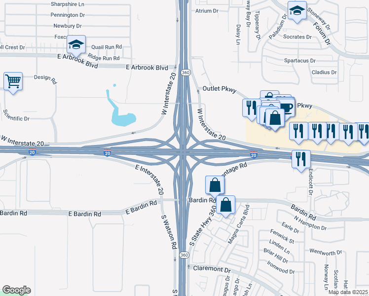 map of restaurants, bars, coffee shops, grocery stores, and more near Interstate 20 in Grand Prairie