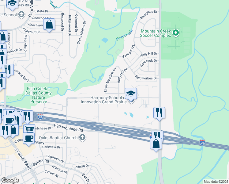 map of restaurants, bars, coffee shops, grocery stores, and more near 1128 Secretariat Drive in Grand Prairie