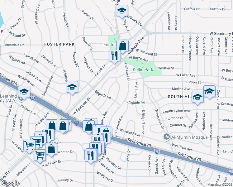 map of restaurants, bars, coffee shops, grocery stores, and more near 4744 Staples Avenue in Fort Worth