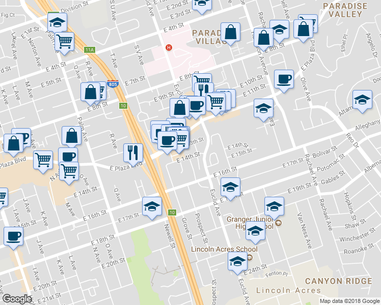 map of restaurants, bars, coffee shops, grocery stores, and more near 2323 East 14th Street in National City