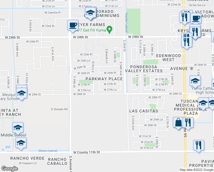 map of restaurants, bars, coffee shops, grocery stores, and more near 3557 West 27th Place in Yuma