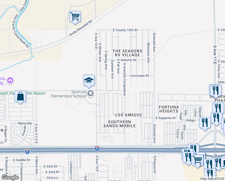 map of restaurants, bars, coffee shops, grocery stores, and more near 10314 Summer Avenue in Yuma