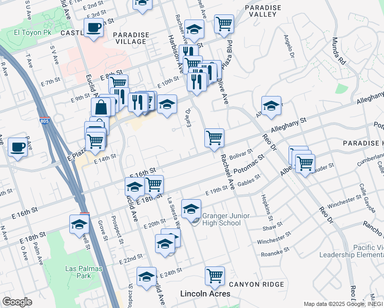 map of restaurants, bars, coffee shops, grocery stores, and more near 2935 East 16th Street in National City
