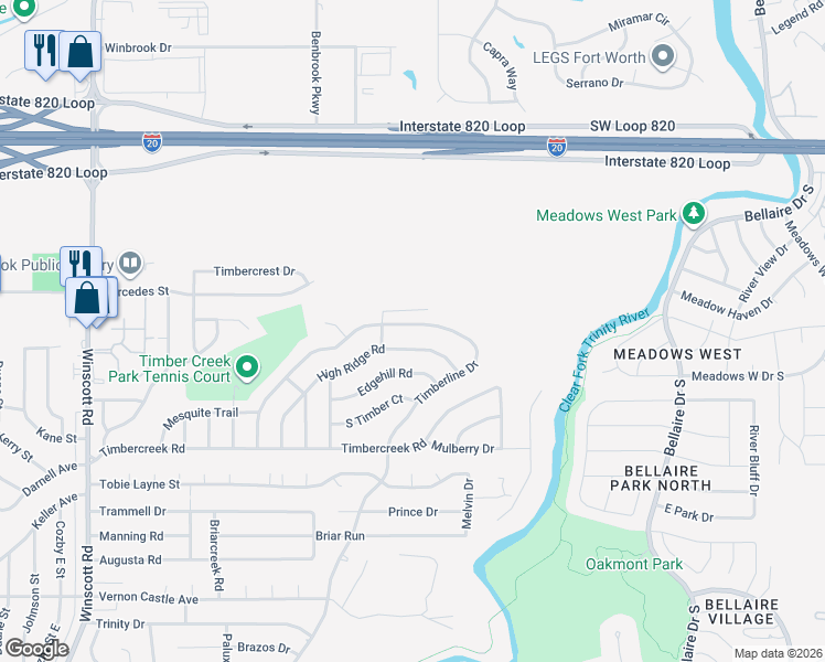 map of restaurants, bars, coffee shops, grocery stores, and more near 1716 Timberline Drive in Benbrook