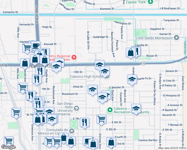 map of restaurants, bars, coffee shops, grocery stores, and more near 722 North Preston Drive in Calexico