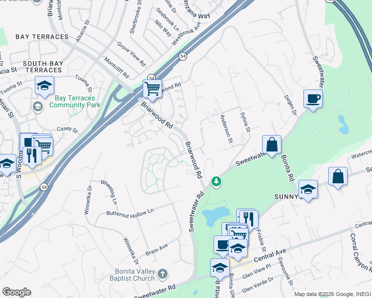 map of restaurants, bars, coffee shops, grocery stores, and more near 3048 Saddlewood Drive in Bonita
