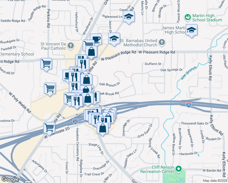 map of restaurants, bars, coffee shops, grocery stores, and more near 5505 Oak Brook Road in Arlington