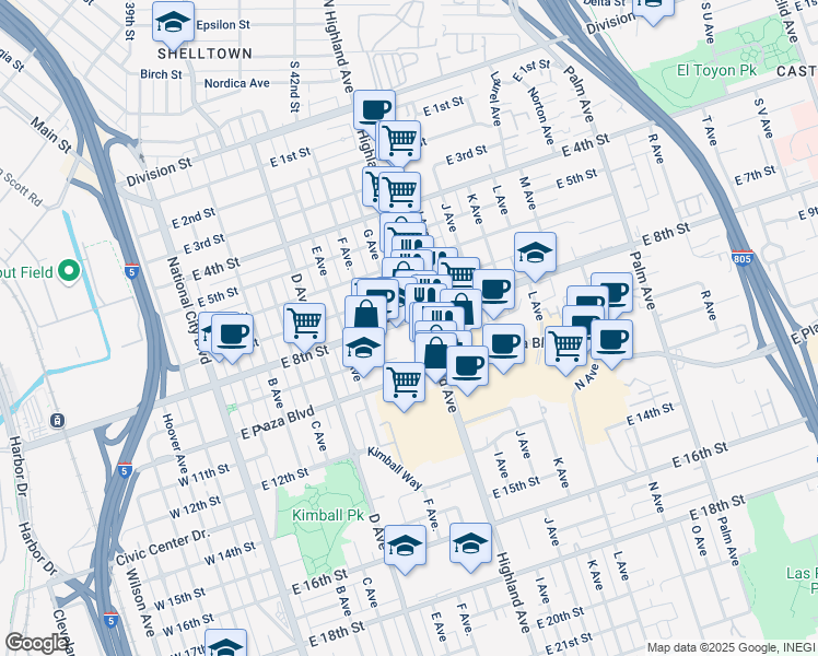 map of restaurants, bars, coffee shops, grocery stores, and more near in National City