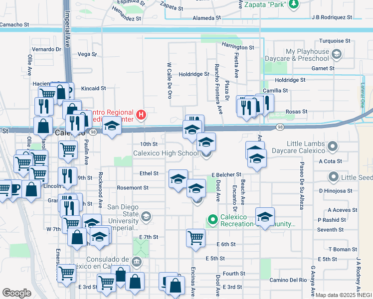 map of restaurants, bars, coffee shops, grocery stores, and more near 708 Linda Street in Calexico