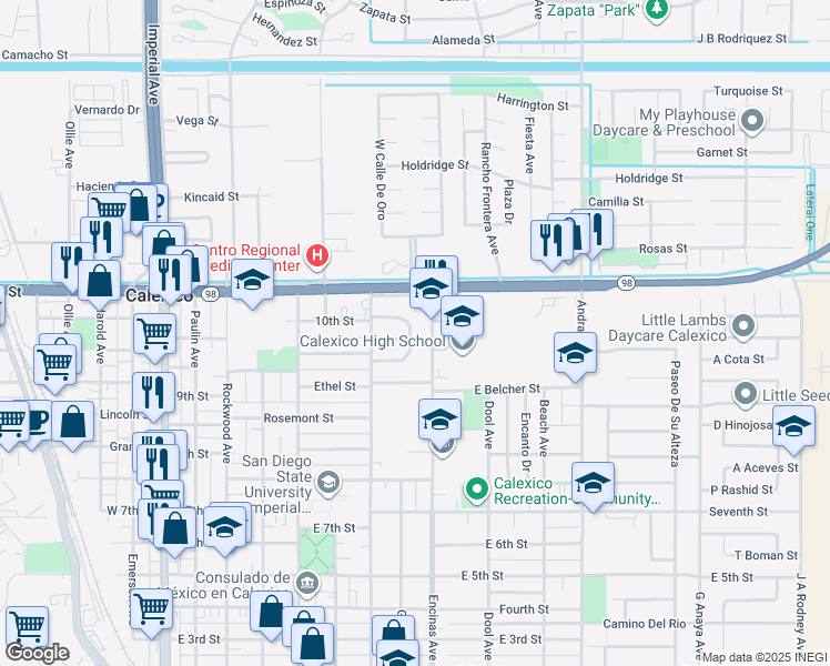 map of restaurants, bars, coffee shops, grocery stores, and more near 708 Linda Street in Calexico