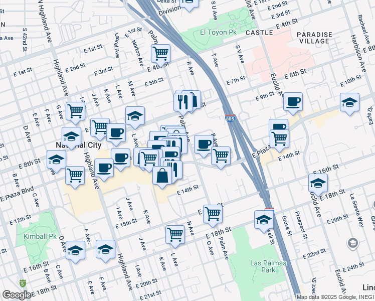 map of restaurants, bars, coffee shops, grocery stores, and more near 1535 East Plaza Boulevard in National City
