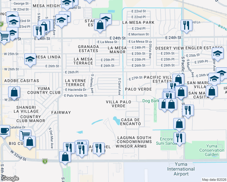 map of restaurants, bars, coffee shops, grocery stores, and more near 1100 E Palo Verde St in Yuma