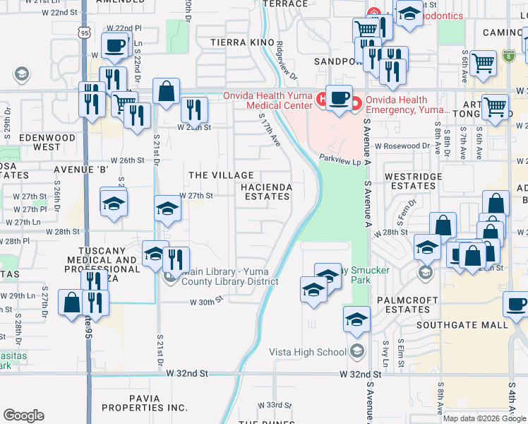 map of restaurants, bars, coffee shops, grocery stores, and more near 1744 West 27th Lane in Yuma