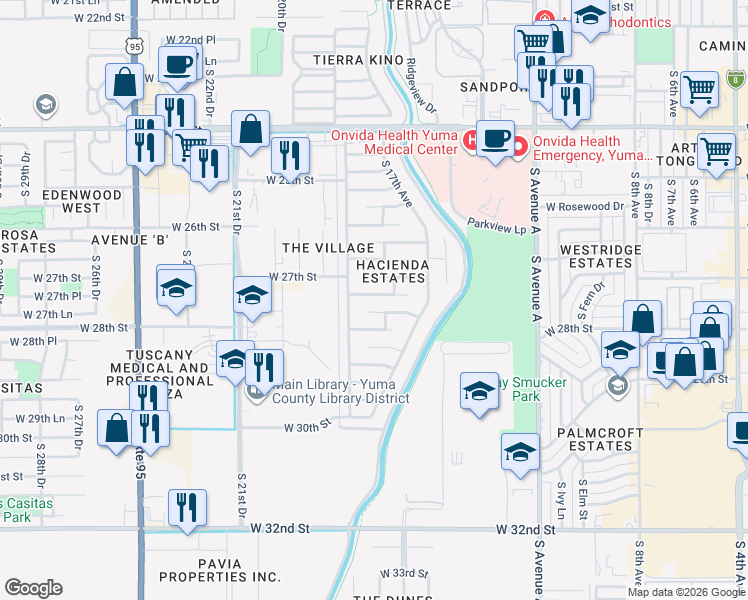 map of restaurants, bars, coffee shops, grocery stores, and more near 1786 W 27th Ln in Yuma