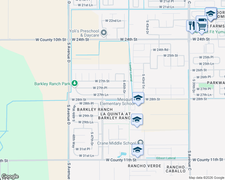map of restaurants, bars, coffee shops, grocery stores, and more near 4606 West 27th Lane in Yuma