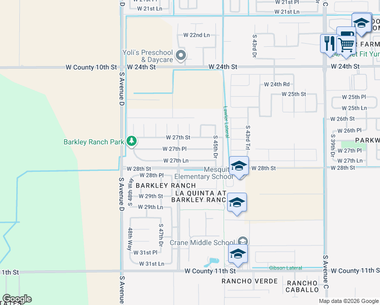 map of restaurants, bars, coffee shops, grocery stores, and more near 4660 West 27th Lane in Yuma