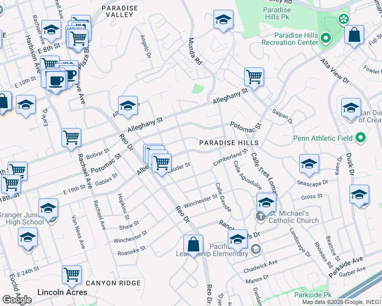 map of restaurants, bars, coffee shops, grocery stores, and more near 6031 Albemarle Street in San Diego