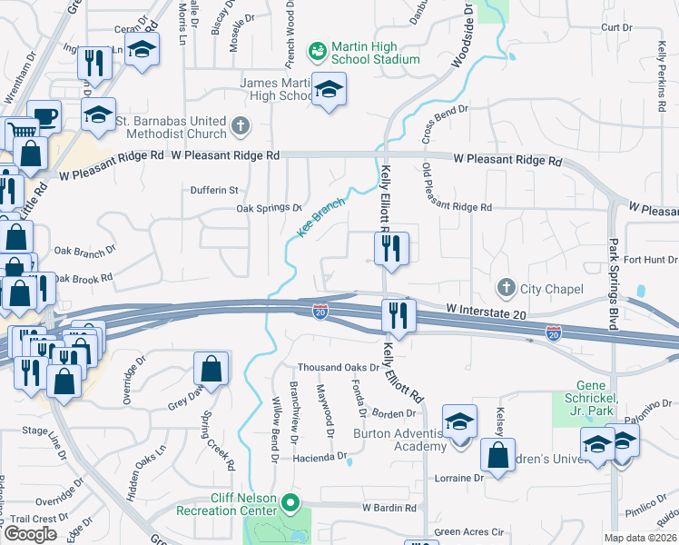 map of restaurants, bars, coffee shops, grocery stores, and more near 4230 Interstate 20 West in Arlington