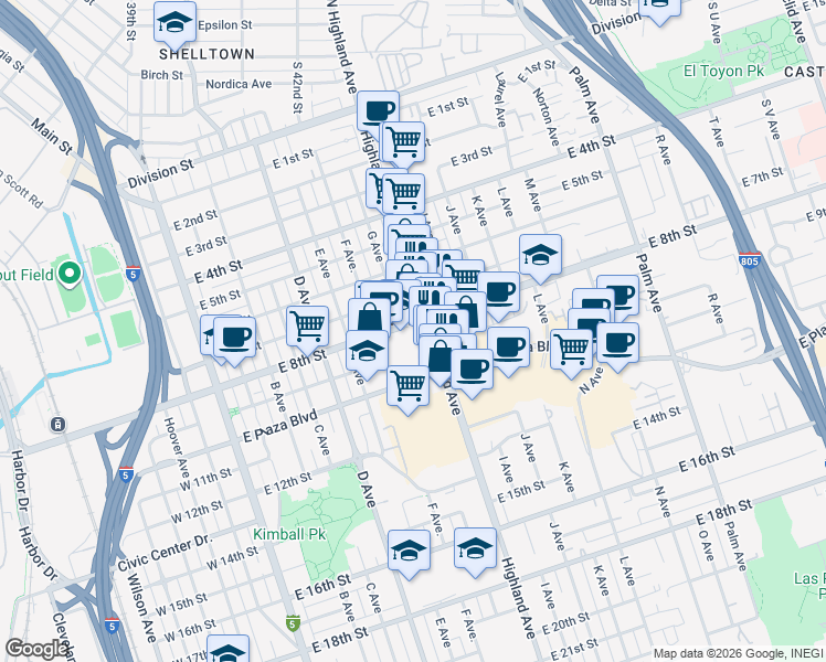 map of restaurants, bars, coffee shops, grocery stores, and more near 730 East 8th Street in National City